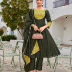 Olive Green & Yellow Embroidered Anarkali Suit Set with Dupatta
