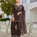 Coffee Brown Mul Chanderi Short Kurti with Farshi Salwar & Organza Dupatta Set – Zari, Sequin & Thread Embroidery