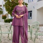 Dark Onion Pink Vichitra Silk Short Flared Kurti with Palazzo & Dupatta – Zari & Sequence Work