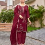 Dark Maroon Chinon Silk Straight Kurti Pant Set with Dupatta – Embroidered Zari & Bead Work
