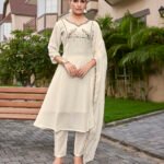 Off White Mul Chiffon Flared Anarkali Suit Set with Dupatta – Hand Embroidered Yoke & Cotton Silk Pant