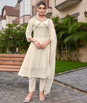Off White Mul Chiffon Flared Anarkali Suit Set with Dupatta – Hand Embroidered Yoke & Cotton Silk Pant