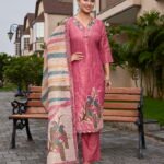 Rose Pink Linen Shimmer Straight Kurti Pant Set with Dupatta – Floral Thread & Machine Embroidery