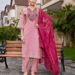 Light Pink Mul Shimmer Straight Kurti Pant Set with Magenta Muslin Jacquard Dupatta – Sequin & Coding Work