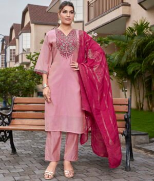 Light Pink Mul Shimmer Straight Kurti Pant Set with Magenta Muslin Jacquard Dupatta – Sequin & Coding Work