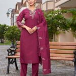 Cherry Red Roman Straight Kurti Pant Set with Dupatta – Floral Thread Embroidery & Scalloped Borders