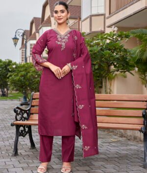 Cherry Red Roman Straight Kurti Pant Set with Dupatta – Floral Thread Embroidery & Scalloped Borders